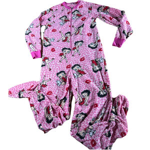 Betty Boop Fleece Footed Pajamas Pink Leopard Lips Girls Teen Size S Small 3/5